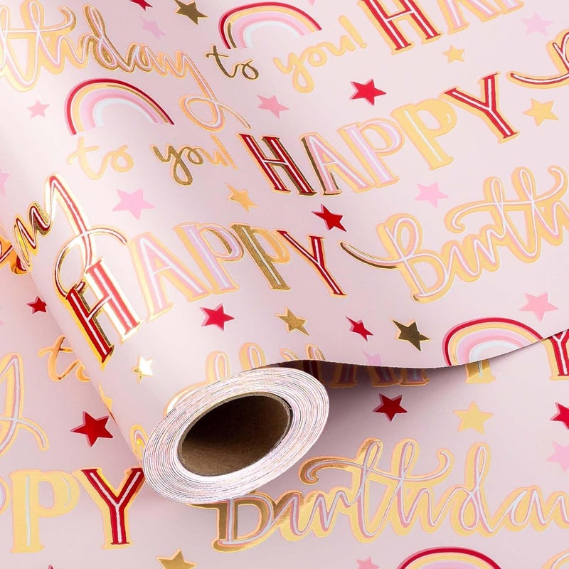 MAYPLUSS Pink Foil Happy Birthday Wrapping Paper Roll, Chic Metallic Rainbow and Star Gift Wrap for Girl Baby Shower Party(17 Inch x 33 Feet) - Image 1